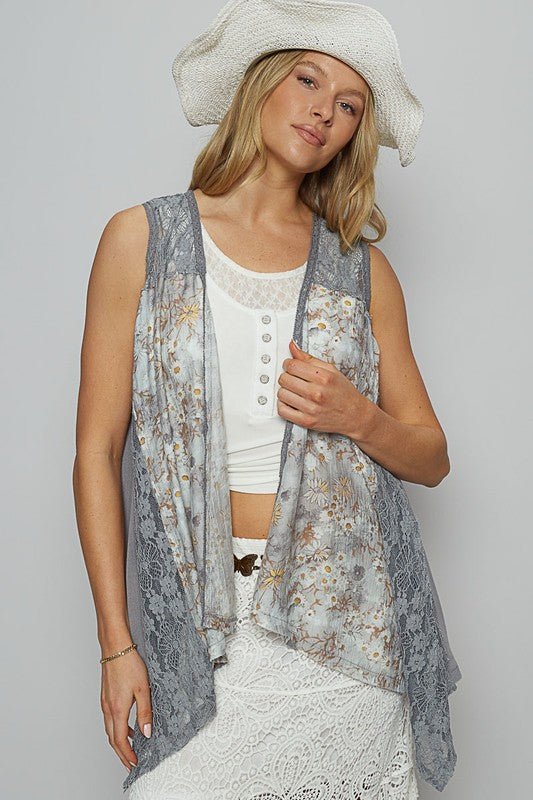 POL Lace Patchwork Floral Open Front Sleeveless Cardigan - Sleekdenim.com