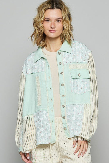 POL Lace Trim Crochet Button Up Denim Jacket - Sleekdenim.com