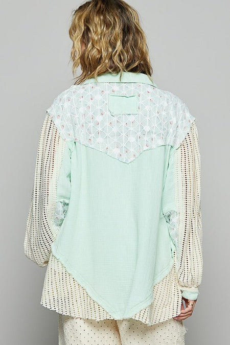 POL Lace Trim Crochet Button Up Denim Jacket - Sleekdenim.com