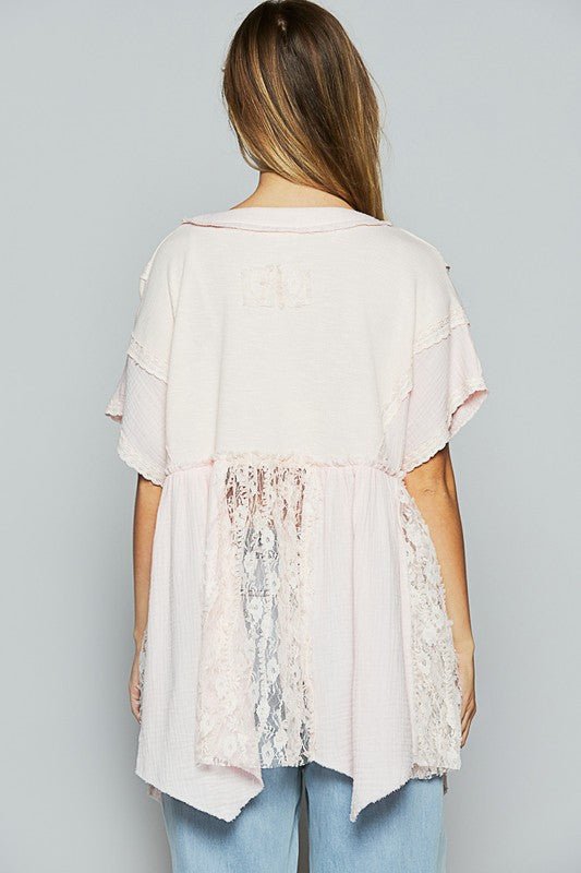 POL Lace Trim V - Neck Short Sleeve Knit Top - Sleekdenim.com