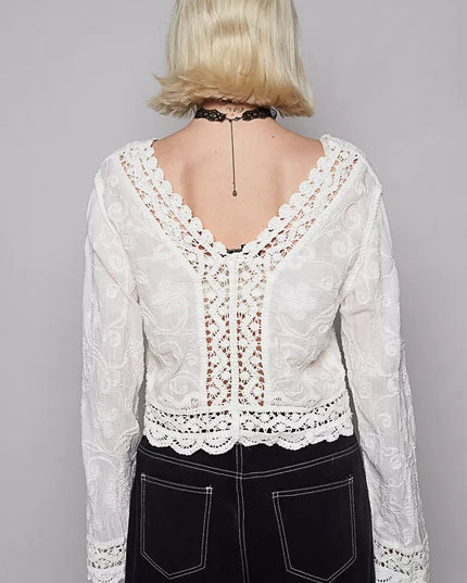 POL Long Sleeve Cropped Crochet Top with Floral Embroidery Detail - Sleekdenim.com