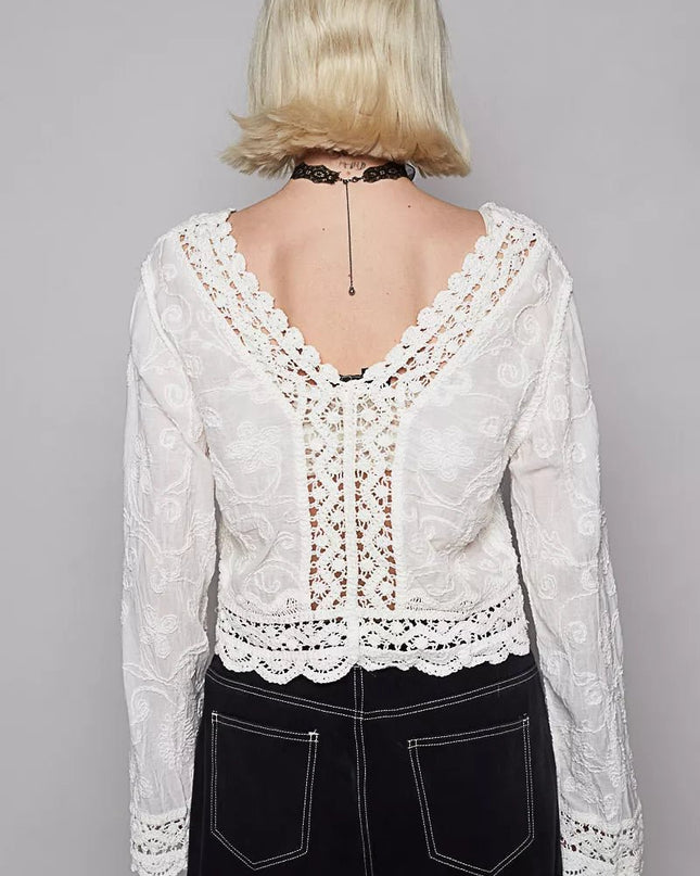 POL Long Sleeve Cropped Crochet Top with Floral Embroidery Detail - Sleekdenim.com