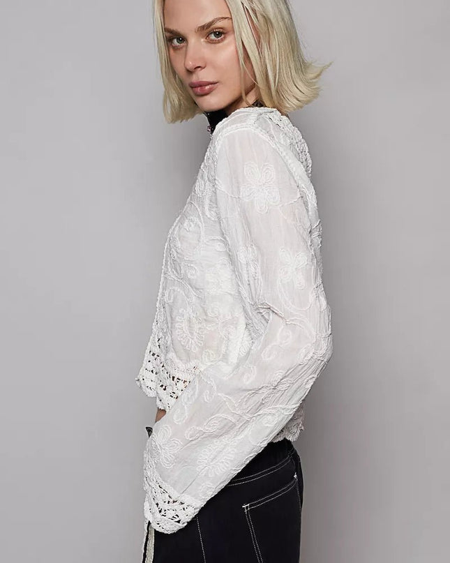 POL Long Sleeve Cropped Crochet Top with Floral Embroidery Detail - Sleekdenim.com