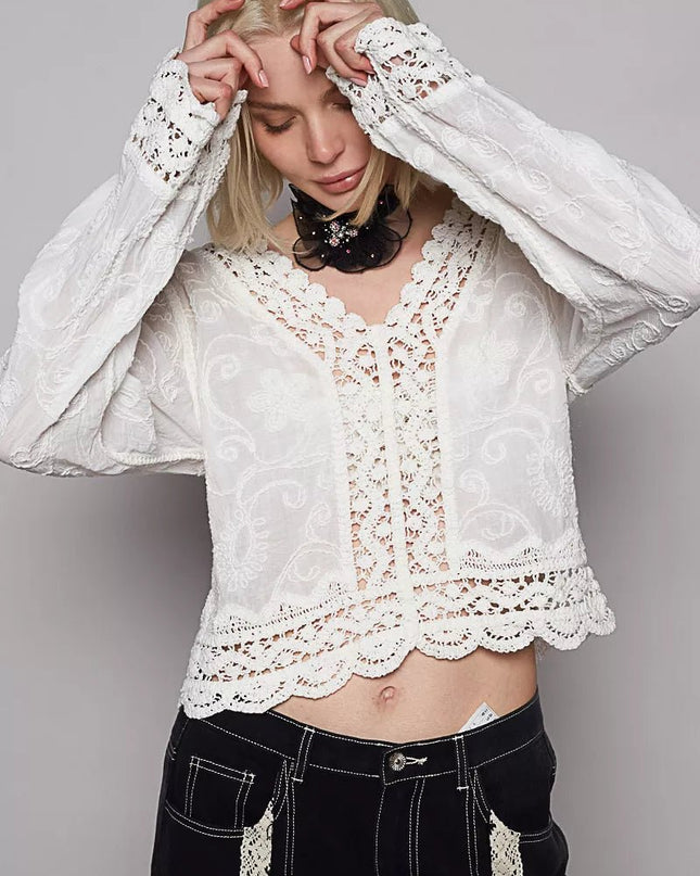 POL Long Sleeve Cropped Crochet Top with Floral Embroidery Detail - Sleekdenim.com