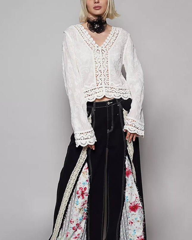 POL Long Sleeve Cropped Crochet Top with Floral Embroidery Detail - Sleekdenim.com