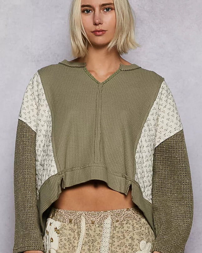 POL Mix Thermal Floral Pattern Quilted Knit Cropped Top with Raw Edge Detail - Sleekdenim.com