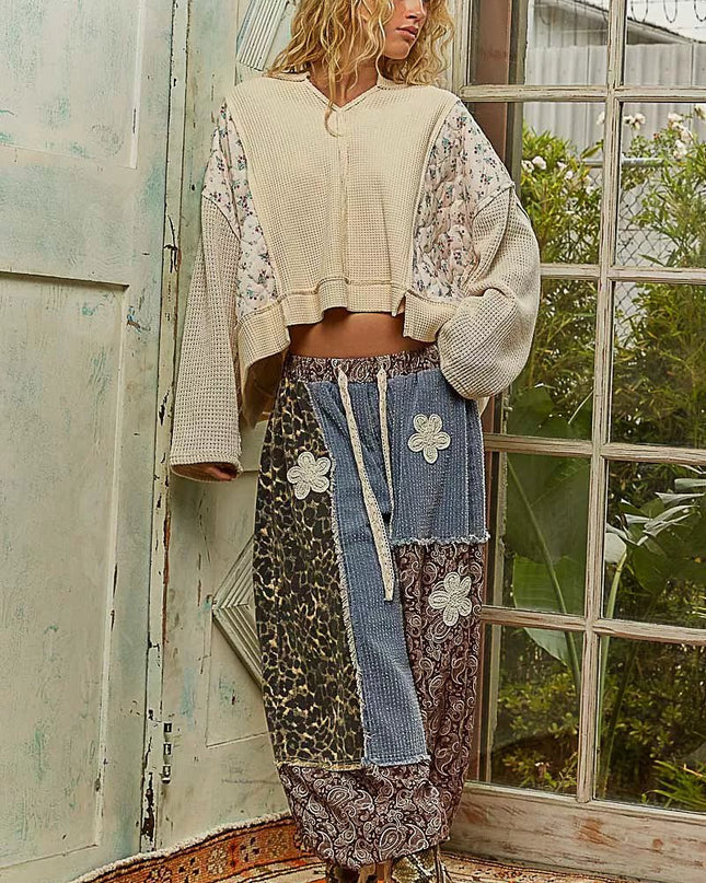 POL Mix Thermal Floral Pattern Quilted Knit Cropped Top with Raw Edge Detail - Sleekdenim.com