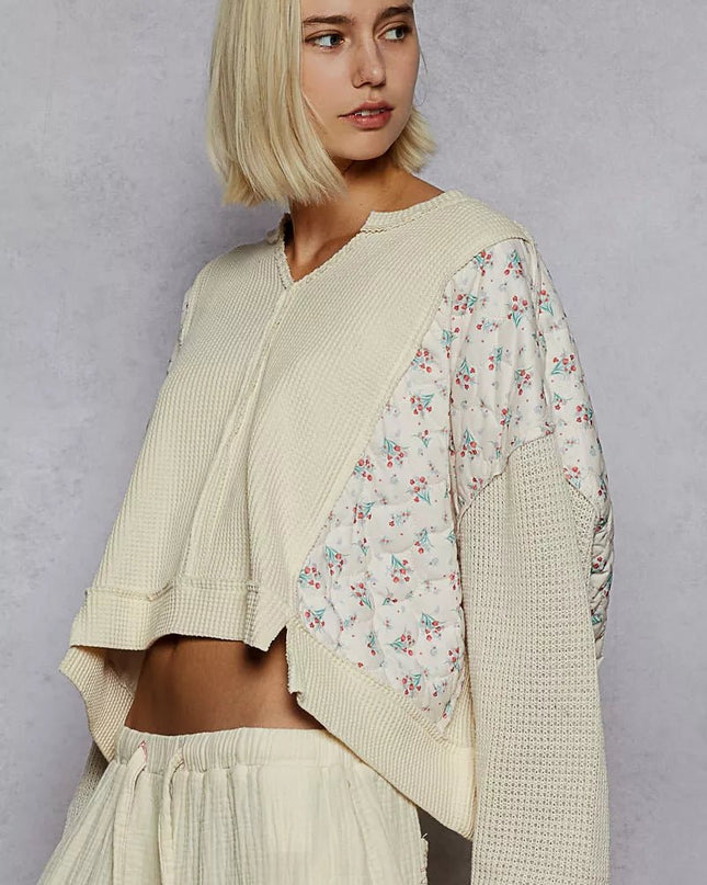 POL Mix Thermal Floral Pattern Quilted Knit Cropped Top with Raw Edge Detail - Sleekdenim.com