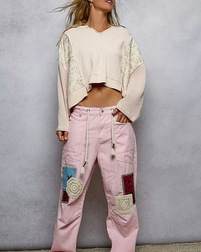 POL Mix Thermal Floral Pattern Quilted Knit Cropped Top with Raw Edge Detail - Sleekdenim.com