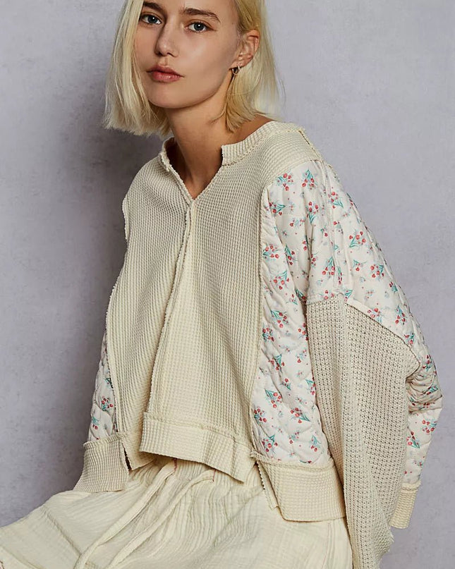 POL Mix Thermal Floral Pattern Quilted Knit Cropped Top with Raw Edge Detail - Sleekdenim.com