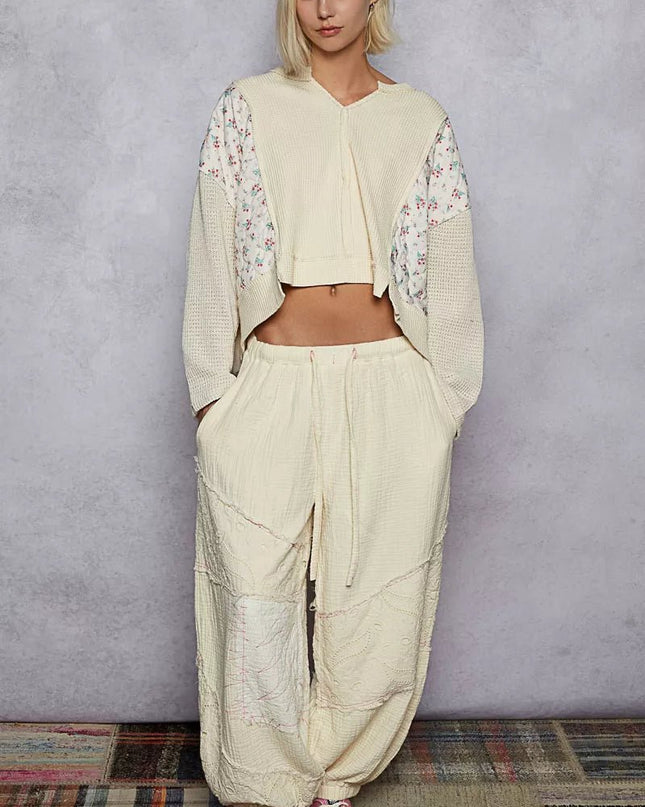 POL Mix Thermal Floral Pattern Quilted Knit Cropped Top with Raw Edge Detail - Sleekdenim.com