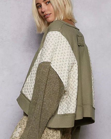 POL Mix Thermal Floral Pattern Quilted Knit Cropped Top with Raw Edge Detail - Sleekdenim.com