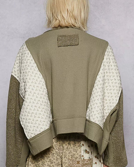 POL Mix Thermal Floral Pattern Quilted Knit Cropped Top with Raw Edge Detail - Sleekdenim.com