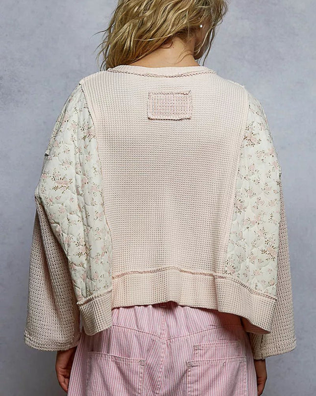 POL Mix Thermal Floral Pattern Quilted Knit Cropped Top with Raw Edge Detail - Sleekdenim.com