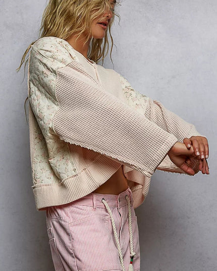 POL Mix Thermal Floral Pattern Quilted Knit Cropped Top with Raw Edge Detail - Sleekdenim.com