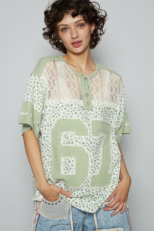 POL Number Floral Crochet Button Detail Half Sleeve Top - Sleekdenim.com