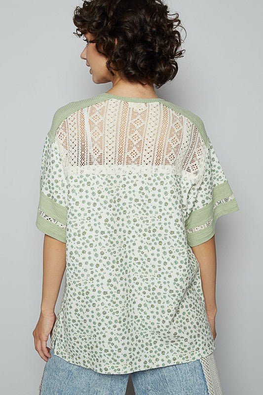 POL Number Floral Crochet Button Detail Half Sleeve Top - Sleekdenim.com