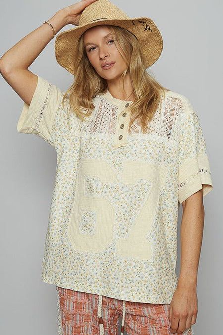 POL Number Floral Crochet Button Detail Half Sleeve Top - Sleekdenim.com