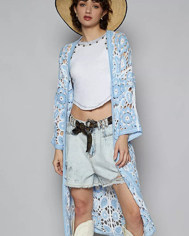 POL Open Front Crochet Cardigan with Knit Weave Patterns - Sleekdenim.com