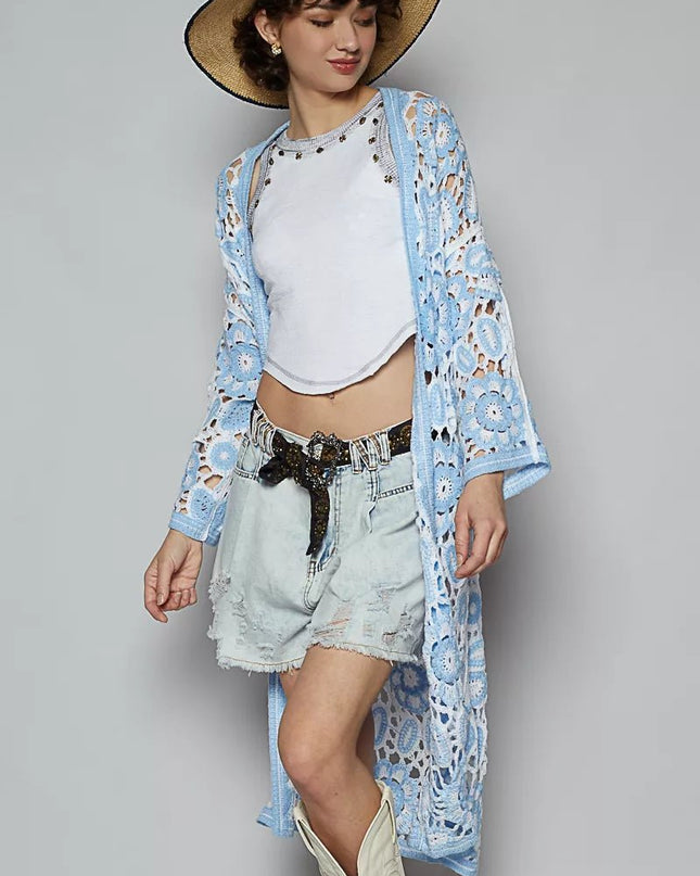 POL Open Front Crochet Cardigan with Knit Weave Patterns - Sleekdenim.com