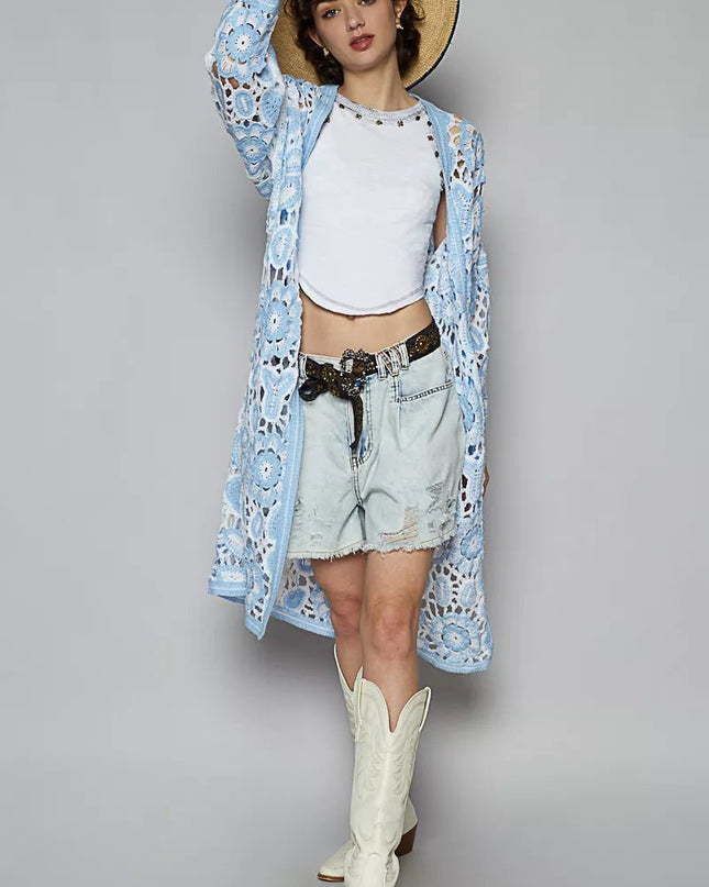 POL Open Front Crochet Cardigan with Knit Weave Patterns - Sleekdenim.com