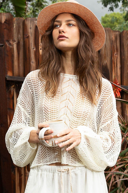 POL Openwork Balloon Sleeve Knit Cover Up - Sleekdenim.com