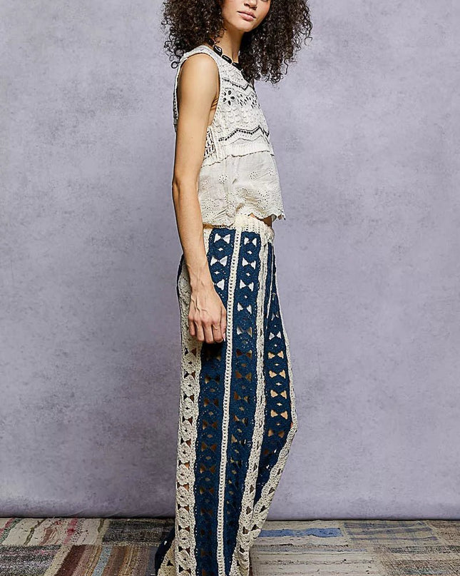 POL Openwork Wide Leg Pants with Stripe Detail - Sleekdenim.com