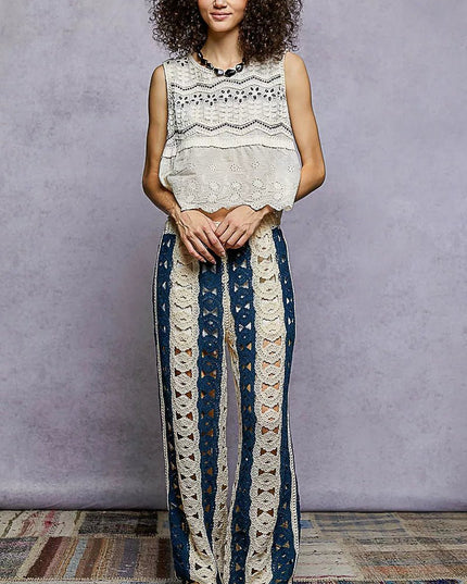 POL Openwork Wide Leg Pants with Stripe Detail - Sleekdenim.com
