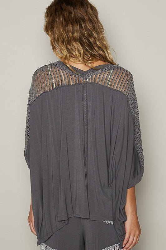 POL Oversize V - Neck Crochet Lace Contrast Studded Top - Sleekdenim.com