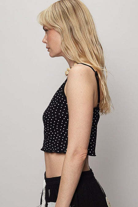 POL Polka Dot Adjustable Strap Cropped Knit Cami - Sleekdenim.com