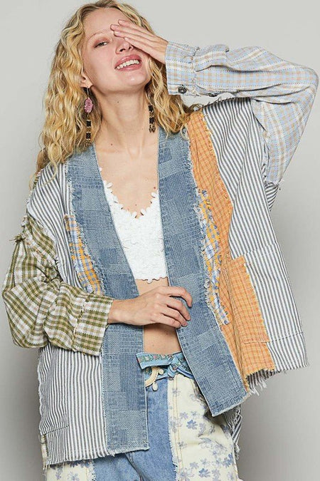 POL Raw Edge Plaid & Striped Open Front Cardigan - Sleekdenim.com