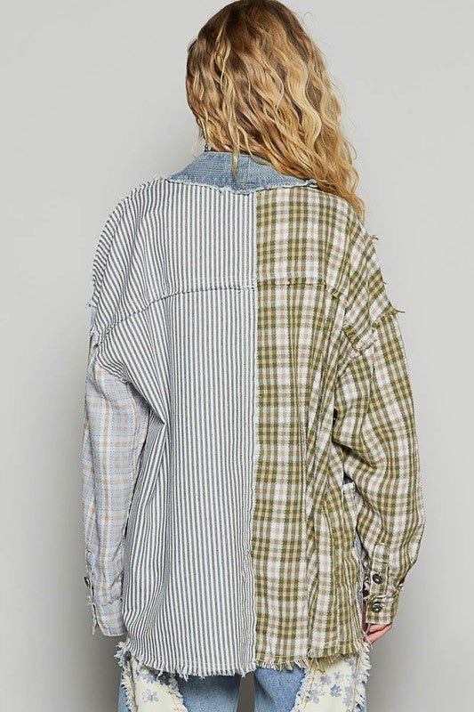 POL Raw Edge Plaid & Striped Open Front Cardigan - Sleekdenim.com