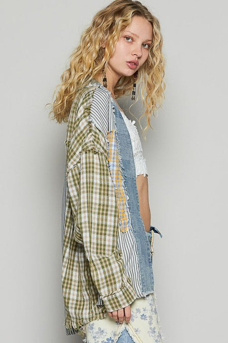 POL Raw Edge Plaid & Striped Open Front Cardigan - Sleekdenim.com