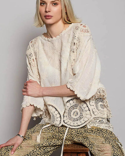 POL Round Neck Crochet Top with Floral Embroidery Detail - Sleekdenim.com
