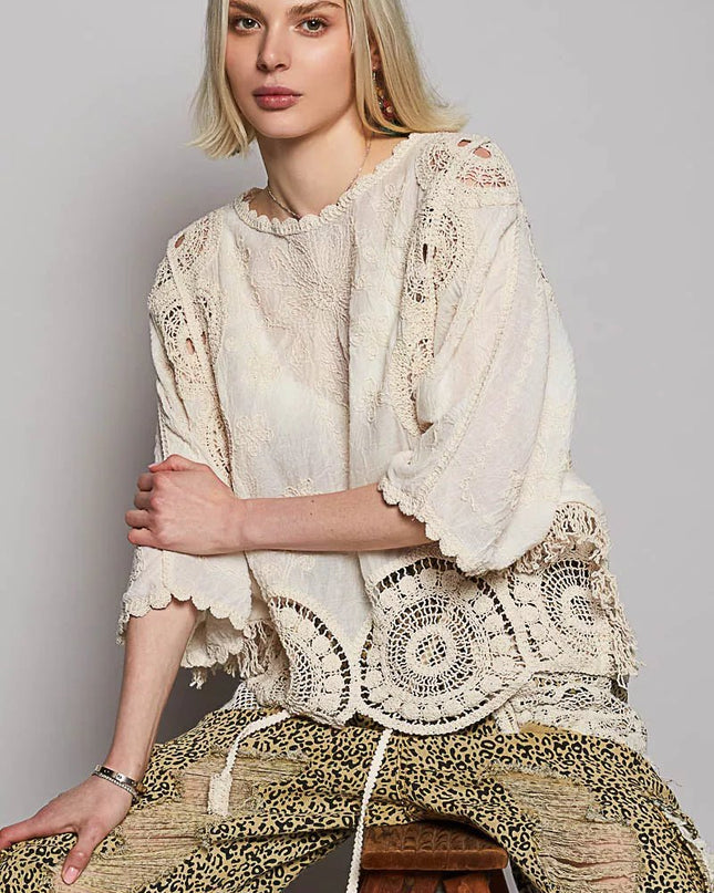 POL Round Neck Crochet Top with Floral Embroidery Detail - Sleekdenim.com