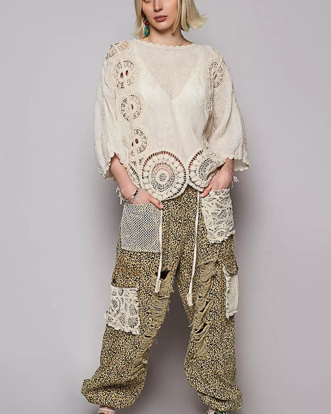 POL Round Neck Crochet Top with Floral Embroidery Detail - Sleekdenim.com