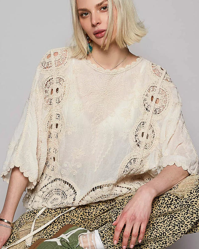 POL Round Neck Crochet Top with Floral Embroidery Detail - Sleekdenim.com