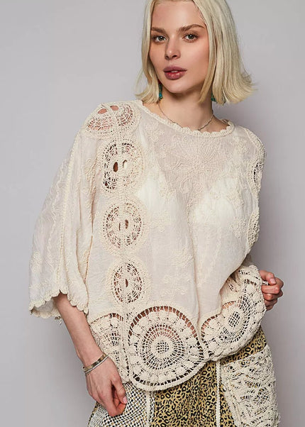 POL Round Neck Crochet Top with Floral Embroidery Detail - Sleekdenim.com
