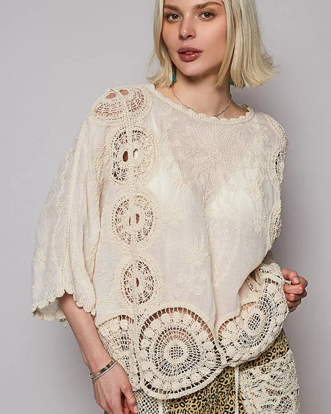 POL Round Neck Crochet Top with Floral Embroidery Detail - Sleekdenim.com