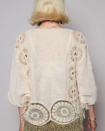 POL Round Neck Crochet Top with Floral Embroidery Detail - Sleekdenim.com