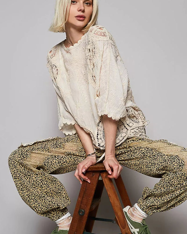 POL Round Neck Crochet Top with Floral Embroidery Detail - Sleekdenim.com