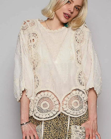 POL Round Neck Crochet Top with Floral Embroidery Detail - Sleekdenim.com