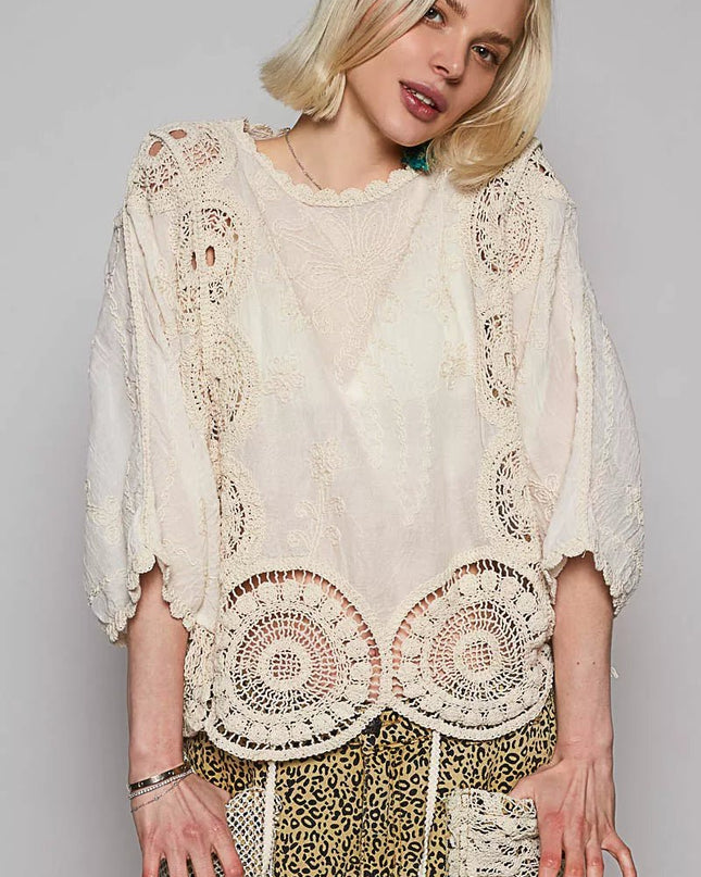 POL Round Neck Crochet Top with Floral Embroidery Detail - Sleekdenim.com