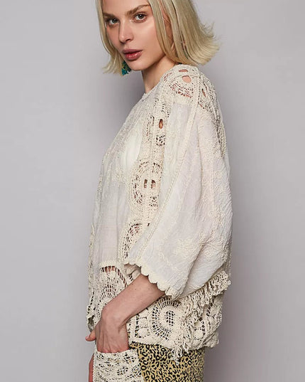 POL Round Neck Crochet Top with Floral Embroidery Detail - Sleekdenim.com