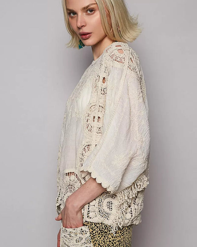 POL Round Neck Crochet Top with Floral Embroidery Detail - Sleekdenim.com