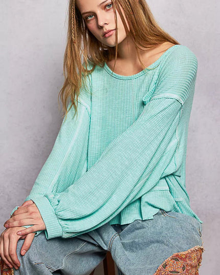 POL Round Neck Long Sleeve Exposed Seam Top with Chest Pocket - Sleekdenim.com