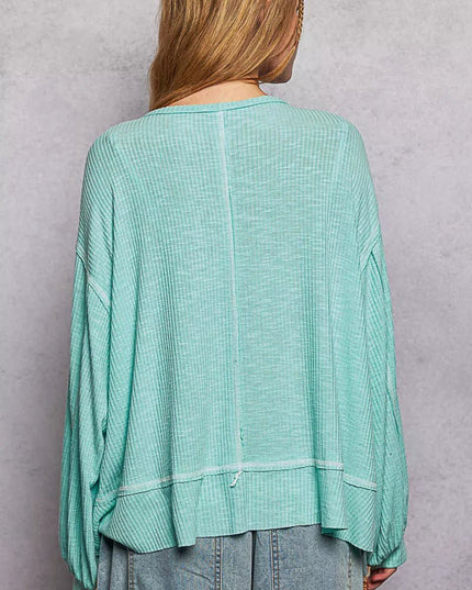 POL Round Neck Long Sleeve Exposed Seam Top with Chest Pocket - Sleekdenim.com