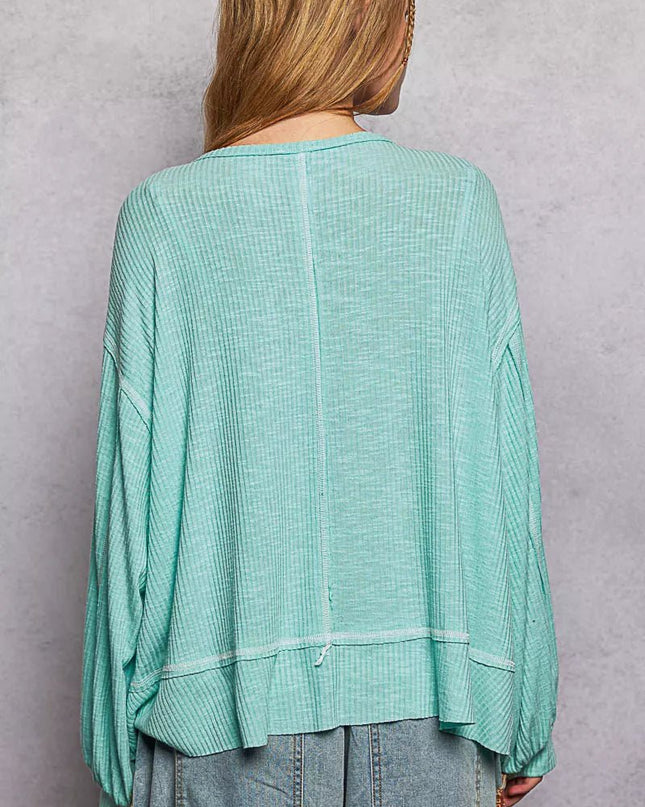 POL Round Neck Long Sleeve Exposed Seam Top with Chest Pocket - Sleekdenim.com