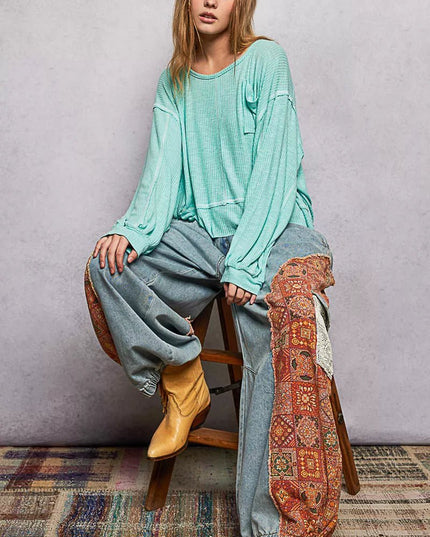 POL Round Neck Long Sleeve Exposed Seam Top with Chest Pocket - Sleekdenim.com