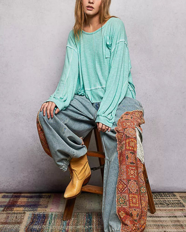 POL Round Neck Long Sleeve Exposed Seam Top with Chest Pocket - Sleekdenim.com